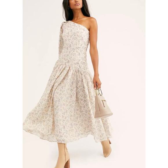 FREE PEOPLE PETERSYN Belinda Midi Dress Small Cream Floral One Shoulder Cottage